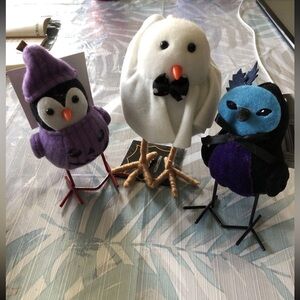 Lot Of 3 Halloween Purple Pumpkin, Ghost Bird & Masked Bird - 6.5” Tall Ea, NEW